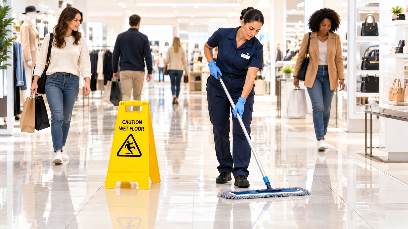 En professionel rengøringsassistent mopper et blankt butiksgulv ved siden af et gult advarselsskilt for vådt gulv.