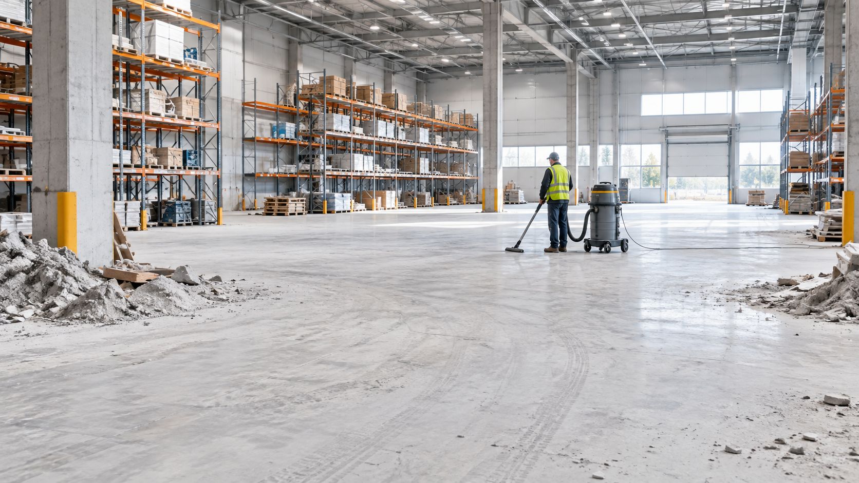 En lagerarbejder rengør et stort lagergulv med en professionel industristøvsuger i en moderne industribygning med hyldesystemer.