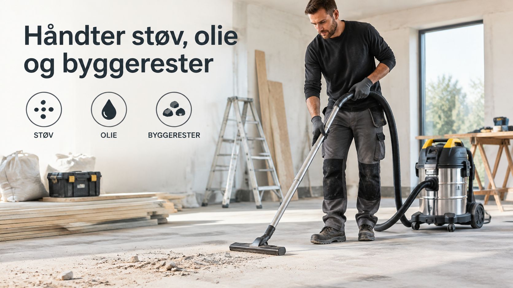 En håndværker støvsuger et byggegulv med en kraftig våd- og tørstøvsuger til støv, olie og byggerester.
