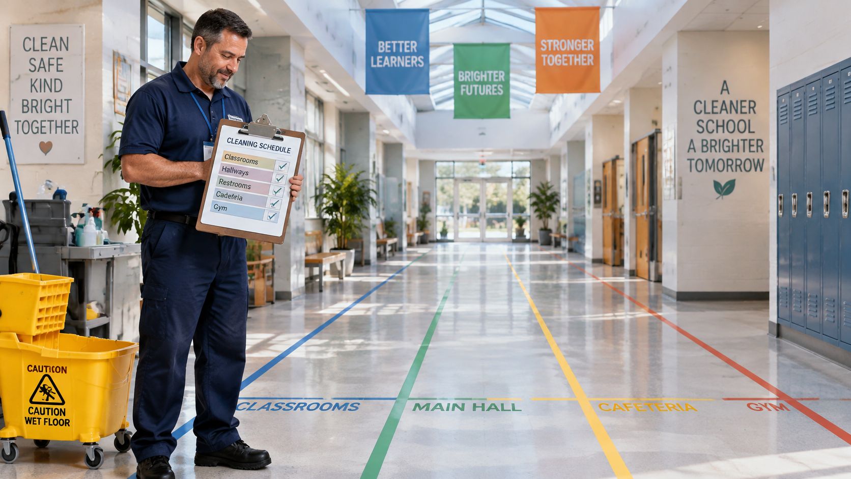 En smilende rengøringsassistent med uniform holder et rengøringsskema i en lys skolegang med farverige markeringer på gulvet.