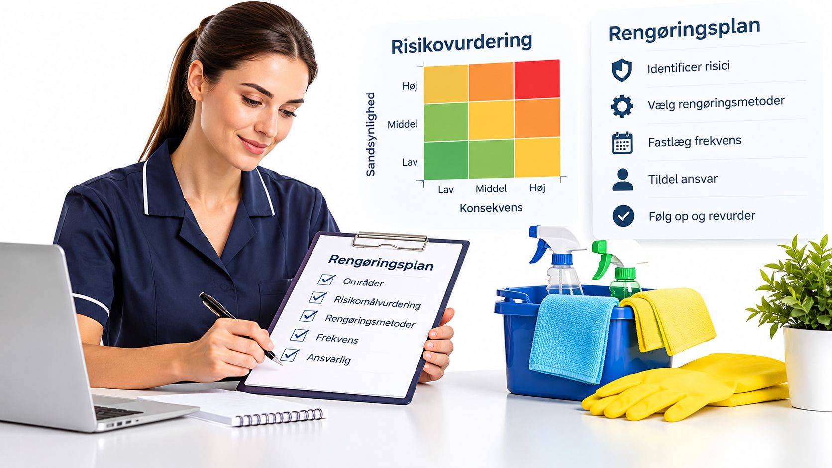 En kvinde i uniform udfylder en rengøringsplan med risikovurdering for professionel rengøring på en arbejdsplads.