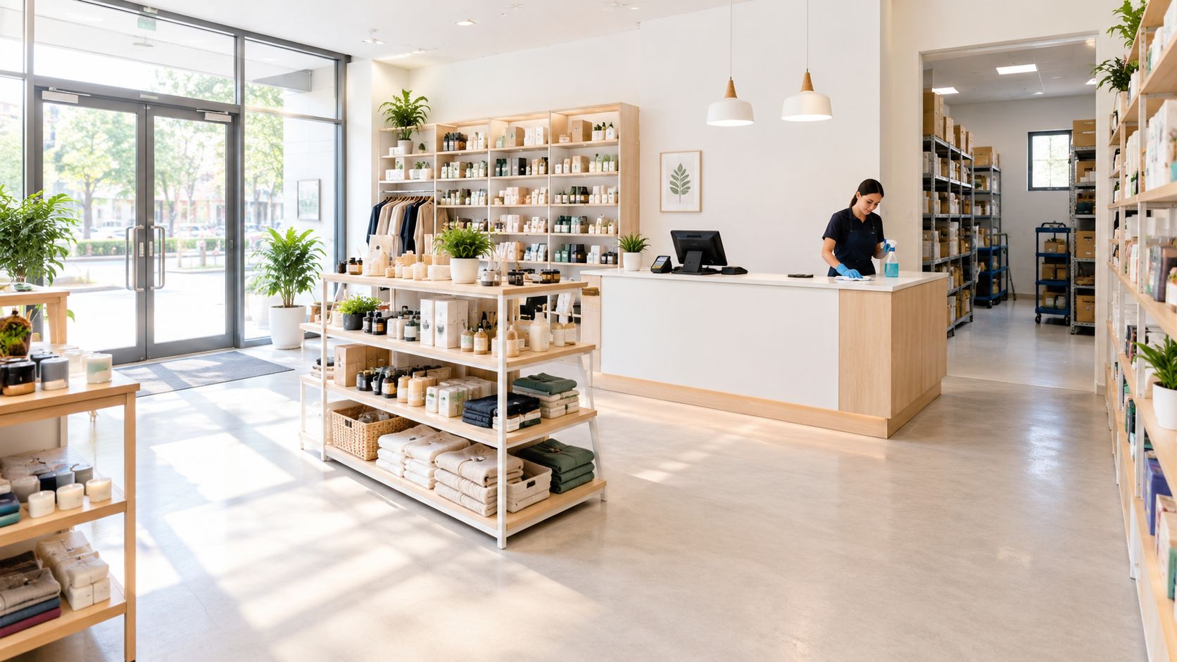 En kvindelig butiksmedarbejder i uniform rengør diskens overflade i en moderne og lys indrettet butik med varer.